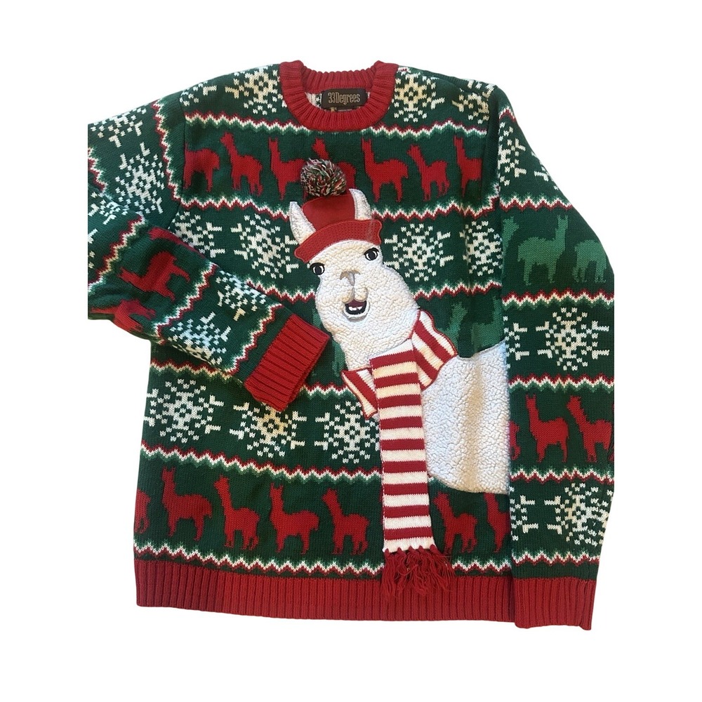 33 Degrees Ugly Christmas Sweater Tunic Womens M Llama 3D Holiday Red Dress